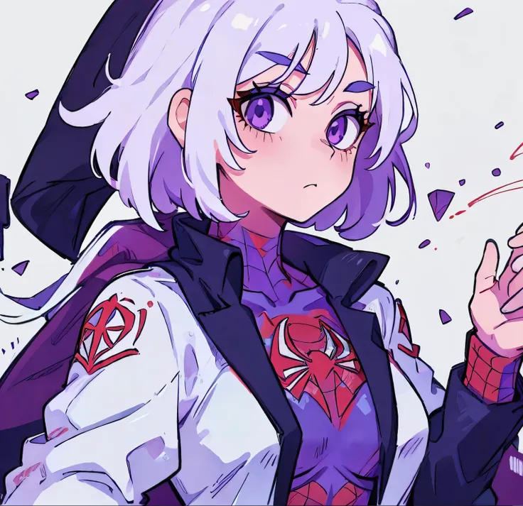 beautiful girl, purple eyes, white hair, spiderman suit, cosplay spider-man, short hair, chanel hair