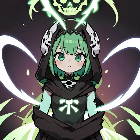 necromancer, a skeleton, green aura, Cute, Small