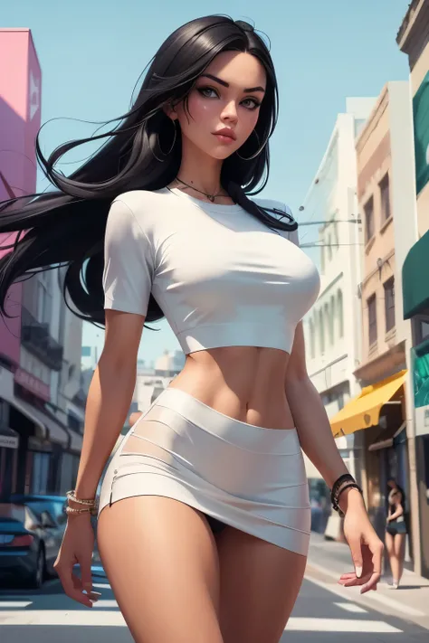 ((GTA style)), (GTA samp), Woman named Maia, long black hair, green eyes, wearing a thin, plain white shirt showing the silhouette of her bust, walking down the street with her entire body, in the background a wide horizon and distant, perfect model body, ...