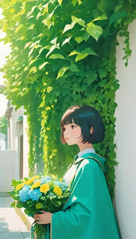 a woman standing in front of a white wall with a bouquet of flowers, short hair, lofi girl, ivy, wearing blue-green clothes, wit...