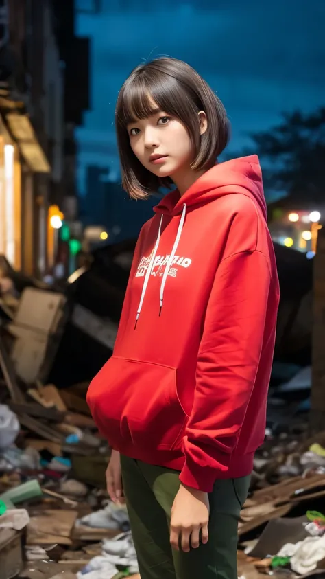 20-year-old,Japanese women,Street dancer,(((Dirty neon city at night))),(((Frowning,カメラを睨みつhairる))),(Very beautiful eyes), (((Wearing a long blachair hoodie,Wear baggy pants))),(((collapsing buildings))),(((old buildings))),((photograph)),((A woman near a ...