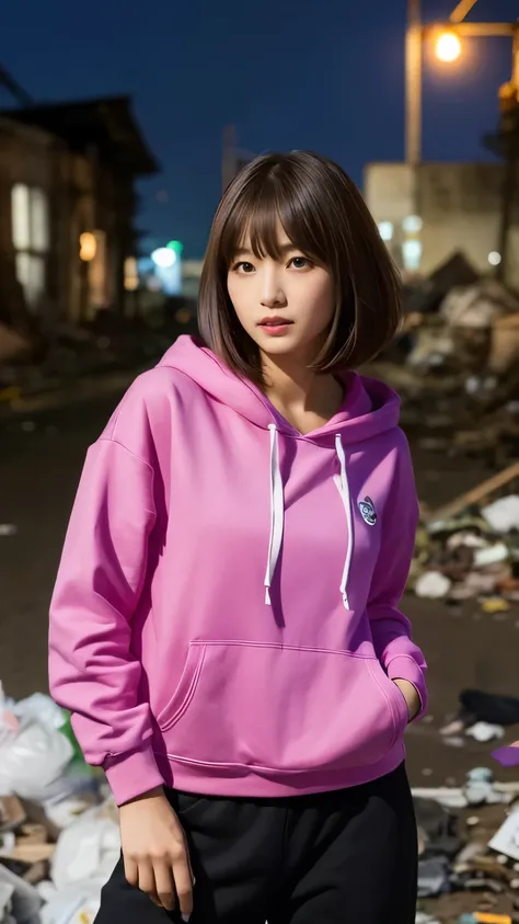 20-year-old,Japanese women,Street dancer,(((Dirty neon city at night))),(((Frowning,カメラを睨みつhairる))),(Very beautiful eyes), (((Wearing a long blachair hoodie,Wear baggy pants))),(((collapsing buildings))),(((old buildings))),((photograph)),((A woman near a ...