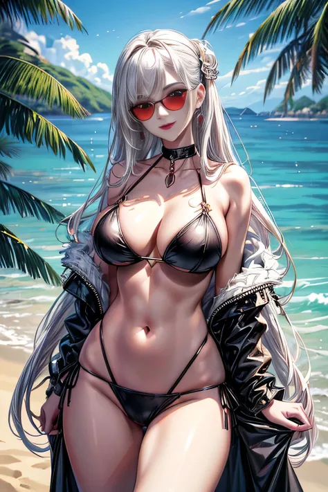 ((seductive))((majestic, Magnificent)) ((beautiful face woman)) ((sunglasses)), ((dark eyeshadows make up)) ((red lips)), ((cute smile)) ((very long straight platinum blonde hair))((big breast:1.5)) ((slender body:1.3)) ((wear gold bikini)) ((jewerly, earr...