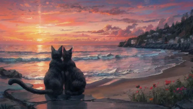 painting of a cat sitting on a beach Watching the sunset, Watching the sunset, inspired Mark Keatley, looking at the sunset, sunset glow, looking at the sunset, Mark Keatley, looking at the sunset, Looking at the water, Overlooking the ocean, Richard Cedlo...