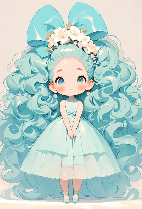 high quality design vector style image, cute trumpet。huge long hair。curls。large turquoise colored eyes。 full body love：1.2，vecto...