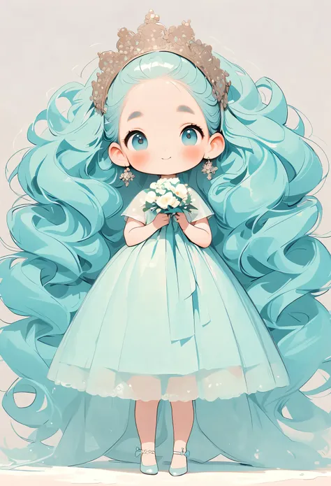 high quality design vector style image, cute trumpet。huge long hair。curls。large turquoise colored eyes。 full body love：1.2，vecto...