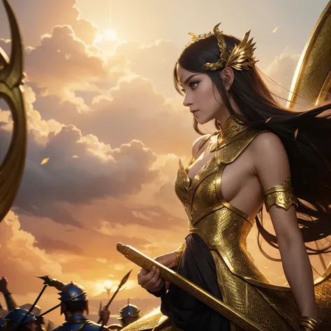 Goddess with bow in hand defending a group of humans being attacked resplendent golden armor and dragon scales incomparable beauty clear eyes joyful face 