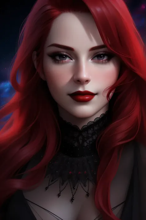 (Masterpiece - Ultra-Detailed, High Resolution) ((vivid red hair)), mature woman, 30 years old, diamond face, red starry sky background, depth of field, magic, big red lips, ((dark and black eyes)) black and red long and full dress, covered chest, mystical...