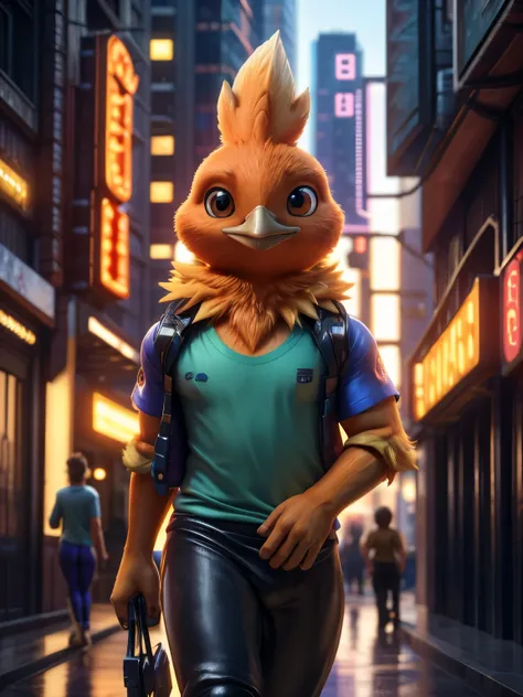 male , bird,Torchic, background, (cinematic lighting:1.1), (perfect focus:1.1), 8k hd, (detailed eyes:1.2),depth of field, bokeh, subsurface scattering, perfect breasts, wide ,((cyber shirt and cyber pants  )),bright colors, (furry detail:1.3),detailed bac...