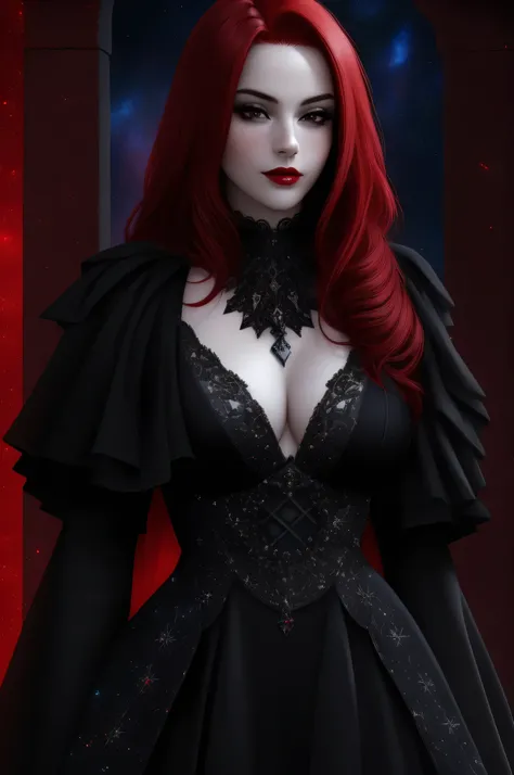 (Masterpiece - Ultra-Detailed, High Resolution) ((vivid red hair)), mature woman, 30 years old, diamond face, red starry sky background, depth of field, magic, big red lips, ((dark and black eyes)) black and red long and full dress, covered chest, mystical...