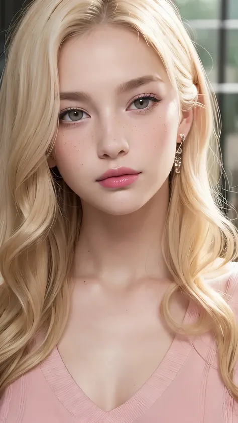 Light blonde hair, Wavy blonde hair, Wavy blonde hair, With small fringe, black eye, Upturned and beautiful nose, Thick lips, Cupid with heart shaped lips.., Pink Lips, pale, White skin, Nice and soft skin, I have freckles and moles, Beautiful eyebrows, Ex...