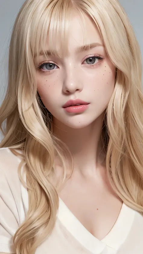 light blonde hair, wavy blonde hair, wavy blonde hair, with small fringe, black eye, upturned and beautiful nose, thick lips, cu...