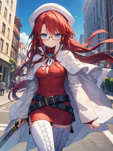 pov,summonnightaty, aty, (young:1.3),long hair, blue eyes, red hair, beret, hat, glasses,
BREAK long hair, thighhighs, hat, dress, boots, glasses, belt, cape, sweater, zettai ryouiki, beret, thigh boots, white footwear, ribbed sweater, loose belt,solo,
BRE...