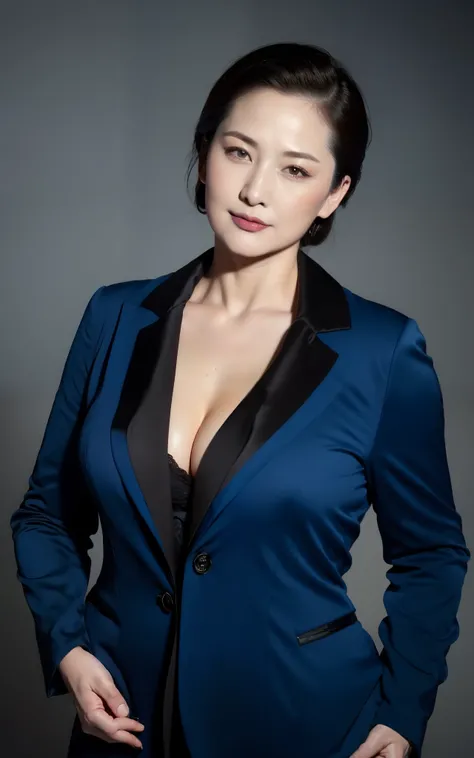 masterpiece,best quality, (1 milf), ((portrait:1.5)), makeup, glossy blue blazer, elegant black shirt, touch own breasts, slicked back hair, ((seduction expression)),