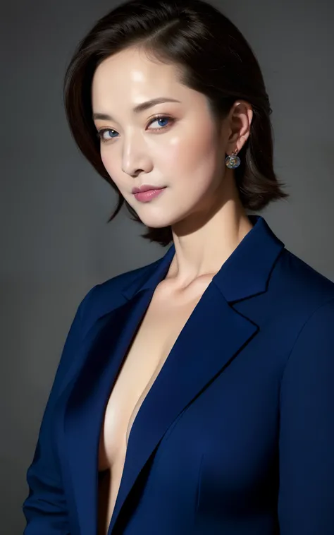 masterpiece,best quality, (1 milf), ((portrait:1.5)), makeup, glossy blue blazer, elegant black shirt, contrapposto, ((seduction expression)),