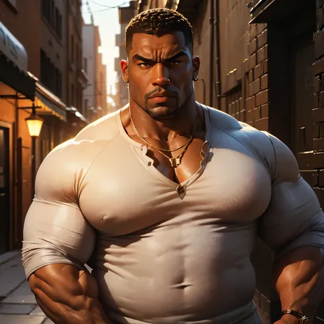 an exaggeratedly muscular and large bodyguard, beefy build, hefty, dark-skinned african american male, buzzcut hair with square line, (suspicious expression: 1.2), (wearing pulled up henley shirt: 1.2), (visible midriff: 1.1), (bara pecs: 1.3), beefy pecs,...