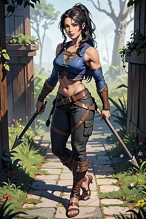 Barbarian Druid outfit, woodland armor, flowers and vines made into an outfit, Solo, female, slightly muscular, slightmuscle, big blue eyes, fantasy outfit, forest, pants, cropped jacket, modest clothingBlack hair, Black curly long hair in a ponytail, ligh...