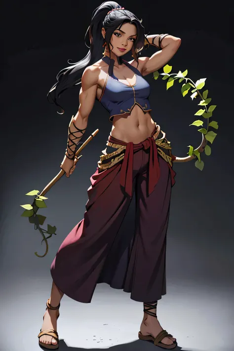 Barbarian Druid outfit, woodland armor, flowers and vines made into an outfit, Solo, female, slightly muscular, slightmuscle, big blue eyes, fantasy outfit, forest, pants, cropped jacket, modest clothingBlack hair, Black curly long hair in a ponytail, ligh...