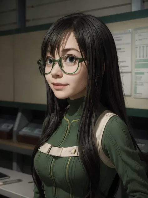 masterpiece, best quality, highly detailed, asui_tsuyu 1girl, solo, facing viewer, green super hero, glasses