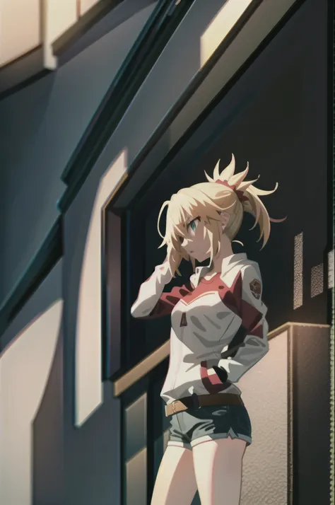 masterpiece, best quality, illustration, city street, 1girl, mordred \(fate\), cowboy shot, skinny, collarbone, detailed blond h...