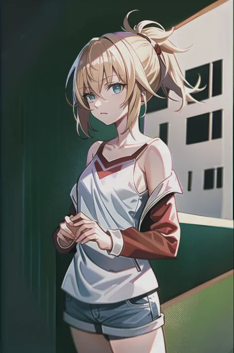 masterpiece, best quality, illustration, city street, 1girl, mordred \(fate\), cowboy shot, skinny, collarbone, detailed blond h...