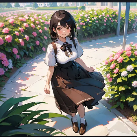 (high quality, High resolution, Very detailed, reality:1.37), Peaceful atmosphere, (Outdoor, garden), Teenage girl standing alone, (my breasts are big.), Beautiful details, Cute Smile, (Black bob hair), Short sleeve ribbed sweater, burberry check skirt, Wh...