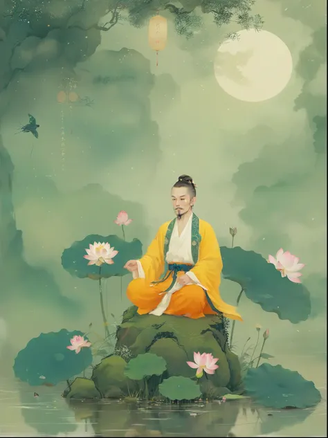 Sensible, Elderly Taoist monk sitting in lotus position, Suspended on a mossy stone，Surrounded by a floating lotus, In an old forest with dense leaves, The cyan robe has golden cloud patterns on it., Ancient calligraphic symbols swirl around him, A circle ...