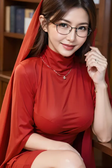 Professional, High level of detail, close up photo (attractive mature 45yo woman:1.3),ray tracing, natural lighting, (blushing:1.1 ), (classy, elegant, dandy)1.2, (red colour), (((round breast))), ( breast covered) perfect face, (((medium breast,))), pink ...