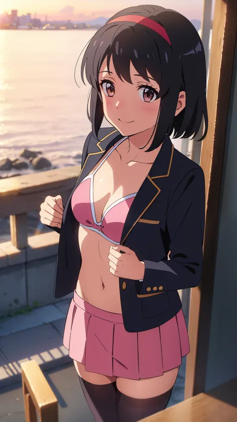 shinkai makoto, kimi no na wa., 1girl, bangs, black hair, blush, brown eyes, idol, idol clothes, collarbone, red headband, red ribbon, bow hair ornaments, open jackets, black bikini, pink skirt, short skirt, black thighhighs, short hair, smile, cute, solo,...