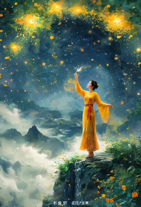 Cai GuoRUNs illustration style, 1girl，A woman in a long skirt stands on a cliff and looks up at the starry sky，Goddess of space，Milky Way Goddess，Goddess of Heaven，Astral Ethereal，dream，Beautiful celestial wizard，Beautiful fantasy painting，Beautiful fantas...