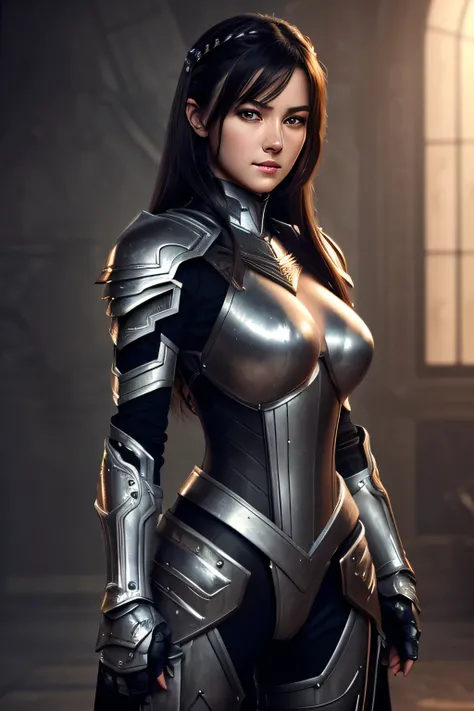 Tall beautiful woman with dark hair wearing highly realistic and detailed robotic armor, black eye, Big Breasts､Detailed eyes, Detailed face, 4k, 8k, Cinematic shots, Upper body portrait、masterpiece, 最high quality, high quality, High resolution, 