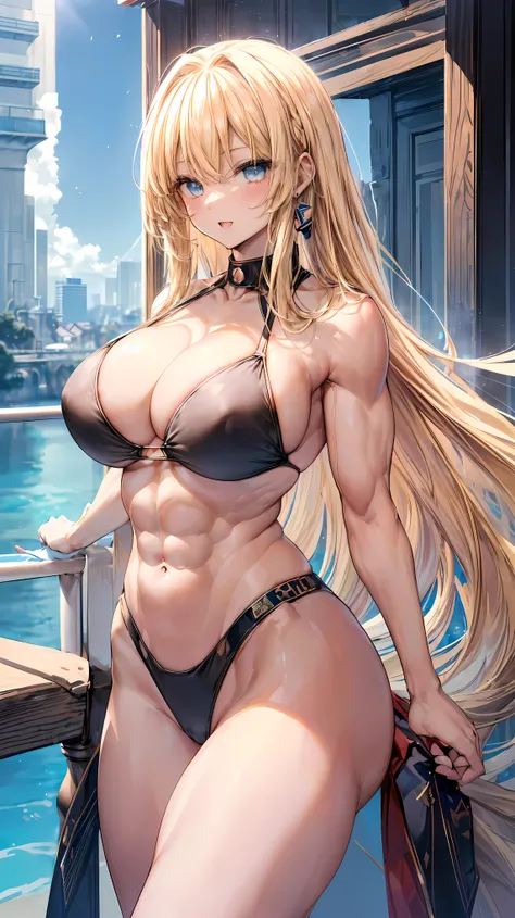 Very detailed、highest quality、Best image quality、masterpiece、8k、Anime Face、A kind smile、(Open your mouth:1.3)、Sparkling blue eyes、(Blonde semi-long hair:1.5)、(Muscles of the whole body:1.3)、(High leg:2.0)、Thigh belt、(Black high-cut bikini:1.5)、(Upper body ...