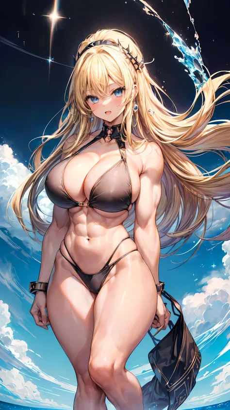 Very detailed、highest quality、Best image quality、masterpiece、8k、Anime Face、A kind smile、(Open your mouth:1.3)、Sparkling blue eyes、(Blonde semi-long hair:1.5)、(Muscles of the whole body:1.3)、(High leg:2.0)、Thigh belt、(Black high-cut bikini:1.5)、(Upper body ...