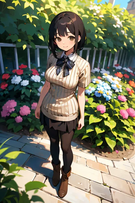 (high quality, High resolution, Very detailed, reality:1.37), Peaceful atmosphere, (Outdoor, garden), Teenage girl standing alone, (my breasts are big.), Beautiful details, Cute Smile, (Black bob hair), Short sleeve ribbed sweater, burberry check skirt, Bl...