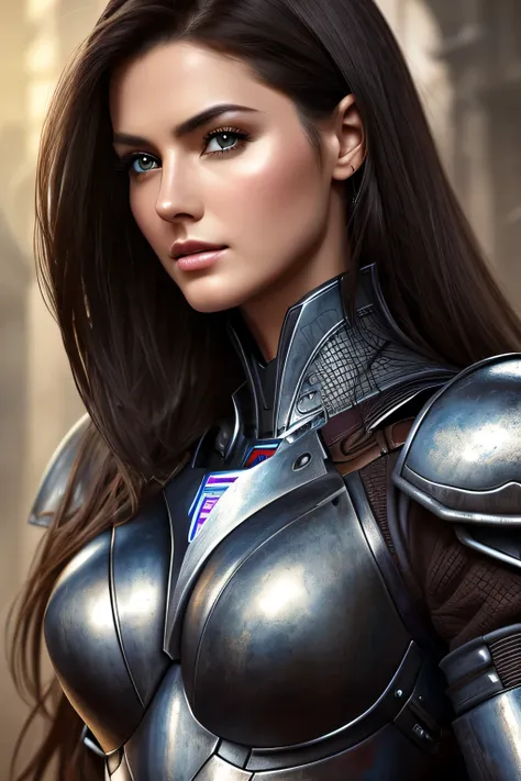 tall beautiful woman with dark hair wearing highly realistic and detailed robotic armor, upper body portrait、masterpiece, 最high ...