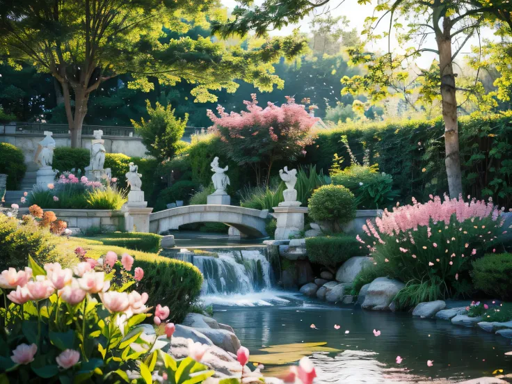 a girl stepping into a magical flower garden, as if entering another world. various colorful flowers bloom under the sunlight, e...