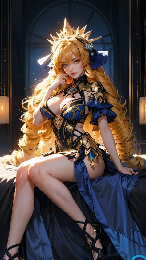 Best quality, masterpiece, ultra high res, raw photo, beautiful and aesthetic,deep shadow, dark theme,(ultra detailed:1.3),
1girl, sitting on Bed, Headdress, hair ornament, full of curtain, drill hair, long hair, blonde hair, gradient hair, yellow eyes, so...