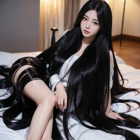 Super Long Hair、Best image quality、highest quality、Highest Resolution、Ultra-realistic photos、Full body photo、1 girl、Very beautiful face、Super super long hair、Hair Length Approx.5Meters、Straight black hair、Black hair longer than height、Black hair that hasn&...
