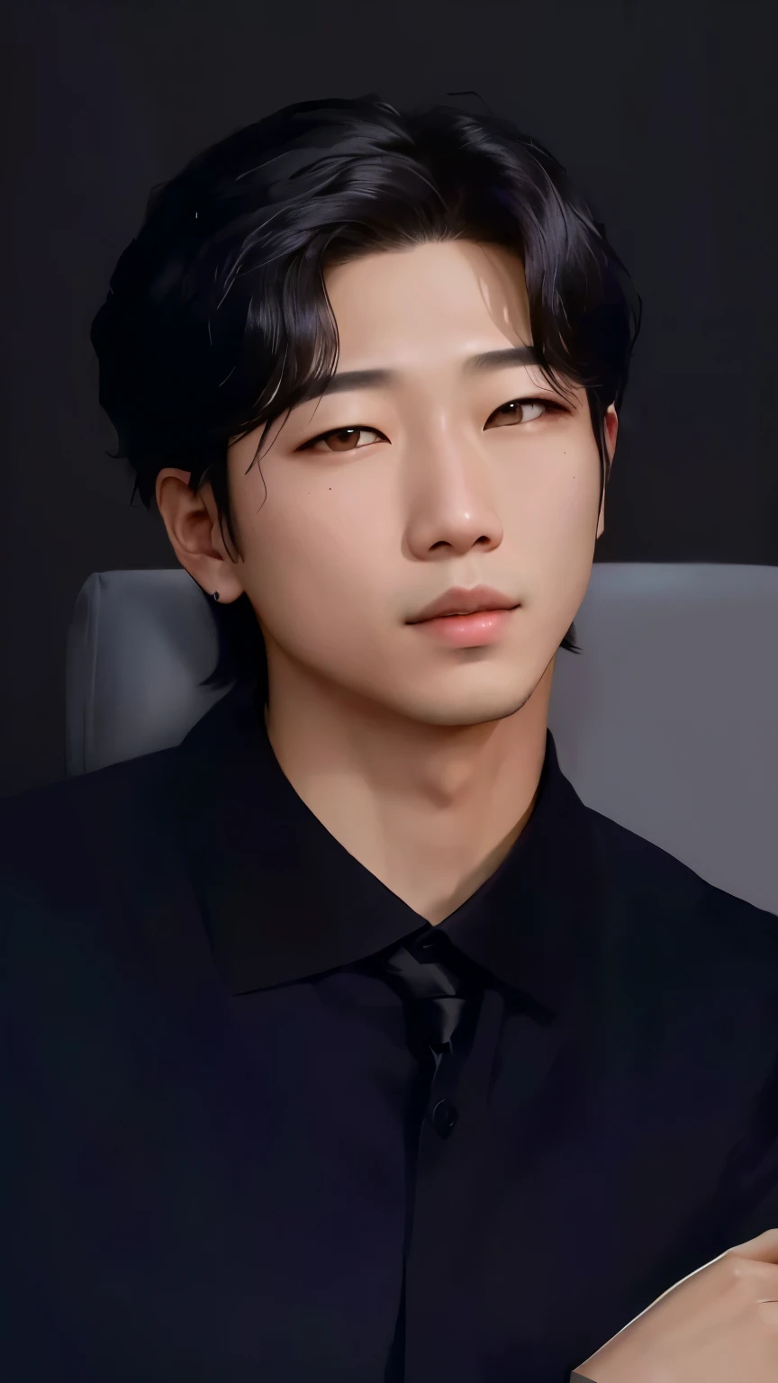 arafed asian man in black shirt and tie sitting on a chair, NamJoon kim,  taken in the early 2020s, retrato de rm de bts, Kim NamJoon, imagen filtrada, foto oficial, Joon Nam kim, Kim NamJoon, kpop idol portrait, NamJoon kim