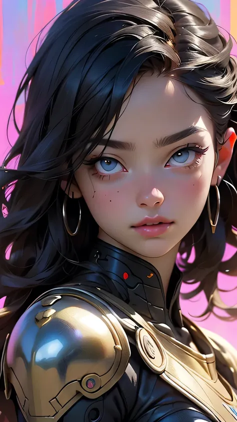 Tall beautiful woman with dark hair wearing highly realistic and detailed robotic armor, Upper body portrait、masterpiece, 最high quality, high quality, High resolution, Face close-up､((Rainbow background))