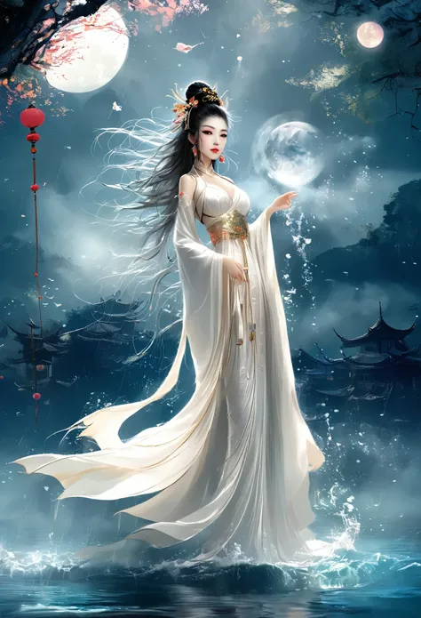 Anime girl in a white dress floating a boat in the water,Fantasy,Moon Goddess,Beautiful fantasy queen, by Yang J, Chinese Fantasy,Beautiful girl,Sea Queen Mu Yanling,Moon Goddess,Moon Goddess,Flowing magic robe,Beautiful fairy wizard, by Leng Mei, ((a bea...