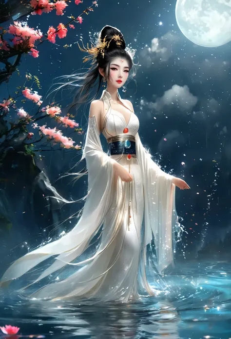 Anime girl in a white dress floating a boat in the water,Fantasy,Moon Goddess,Beautiful fantasy queen, by Yang J, Chinese Fantasy,Beautiful girl,Sea Queen Mu Yanling,Moon Goddess,Moon Goddess,Flowing magic robe,Beautiful fairy wizard, by Leng Mei, ((a bea...