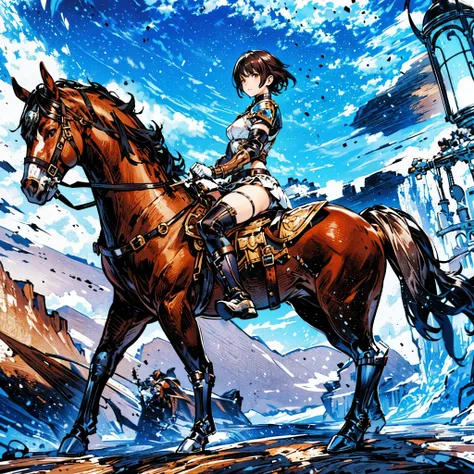  girl wearing white armor, black miniskirt, leather boots, riding a brown horse, (bridle, stirups, rein), mountains, blue sky,