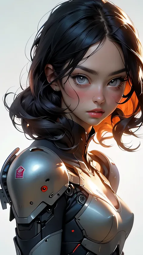 Tall beautiful woman with dark hair wearing highly realistic and detailed robotic armor, Upper body portrait、masterpiece, 最high quality, high quality, High resolution, Face close-up､Flame Background