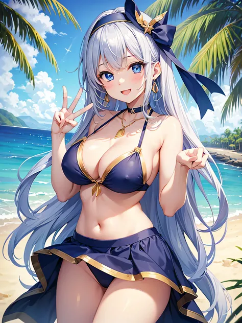 highest quality、Highest quality、masterpiece、beautiful girl、1 female、Navy blue long hair、blue eyes、Sexy bikini in dark blue、Big cleavage、(Big Breasts),smile、Golden Necklace、Blue earrings、background(Beach)、peace sign、Open your mouth wide、Navy Blue Skirt、whit...