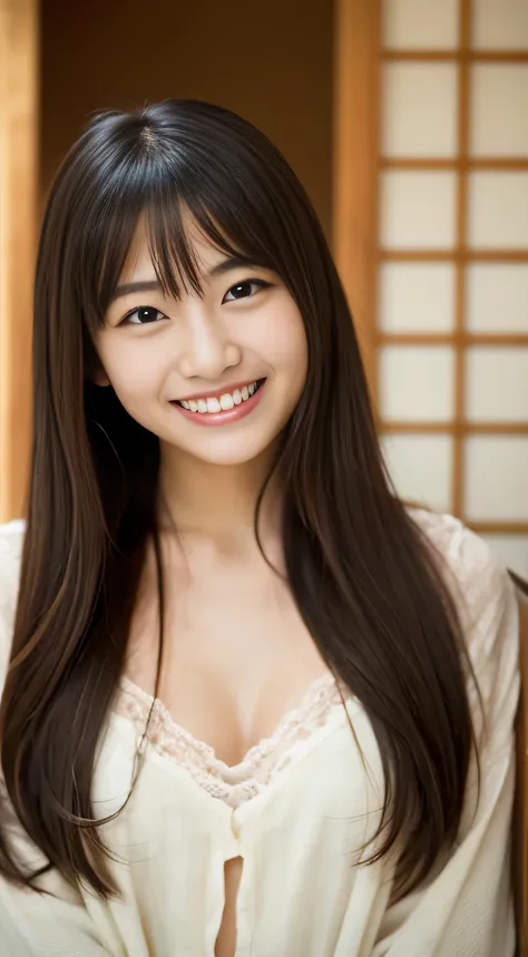 masterpiece,best quality,(Japanese ),((Beautiful girl)),indoor,(perfect body beauty:1.2),(shy smile),beautiful teeth,