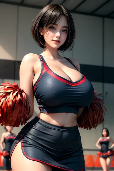 1girl,((35 year old mature woman)),(((cheerleader outfit))),((((1 girl))),(blue eyes)),(Very Intense Makeup)), smiling, ((red lipstick)),((woman in makeup)), short hair, black hair,((huge breasts,)),((cleavage,))),extremely realistic female eye,(((solament...