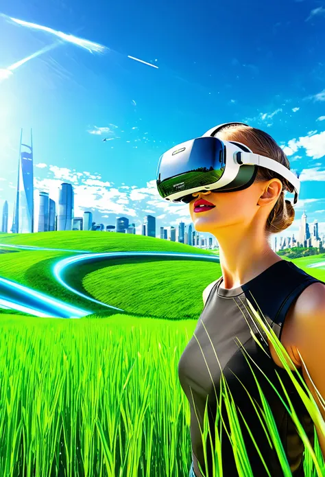 (best quality,4k,highres,masterpiece:1.2),ultra-detailed,(realistic,photorealistic,photo-realistic:1.37), Ad for virtual reality, Frutiger Aero aesthetics, sunny blue sky, green field, futuristic, VR headset, immersion experience, clear and vibrant colors,...