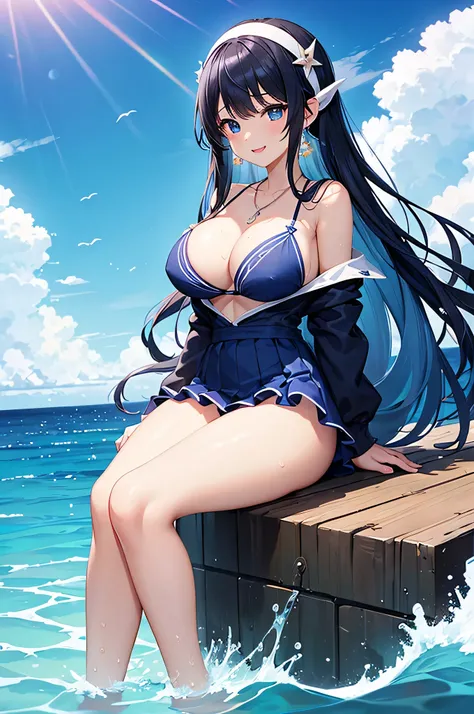 highest quality、Highest quality、masterpiece、beautiful girl、((1 female:1.5))、Navy blue long hair、blue eyes、Sexy bikini in dark blue、Big cleavage、(Big Breasts),smile、necklace、Blue earrings、situation(Swimming in the sea、Waveless ocean:1.3)、Open your mouth wid...