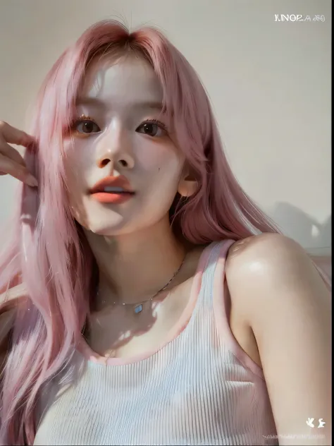 a close up of a woman con cabello rosado wearing a tank top, con cabello rosado, Cabello rosado que fluye, retrato suave 8 K, inspirado en Yanjun Cheng, linda chica con pelo corto rosa, retrato de jossi de blackpink, Cabello Liso Rosa, ulzzang, chica anime...